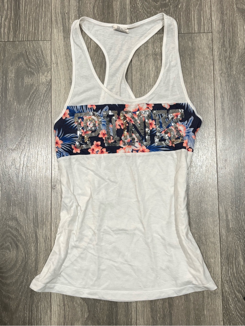 2010’s Women's White Racerback Tank with Floral 'PINK' Logo